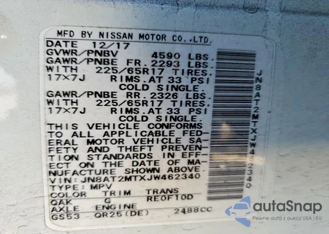 2018 Nissan Rogue S z USA, uszkodzony, nr VIN JN8AT2MTXJW462340